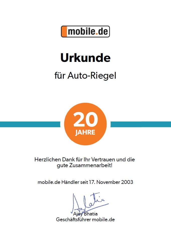 Urkunde Zusammenarbeit 20 Jahre Mobile.de Auto-Riegel Gebrauchtfahrzeugverkauf Mainz-Kastel, Wiesbaden, Mainz, Rhein-Main-Gebiet